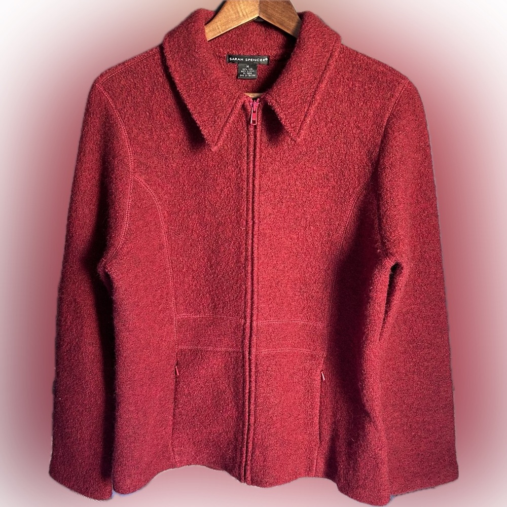 Sarah Spencer Women’s 100% Wool Red Jacket Zip Up Medium Pockets Winter